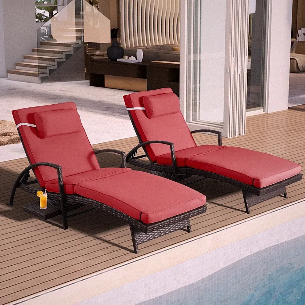 2Pcs Patio Chair Chaise Lounge Recliner Adjustable Chair w/Side Table & Wheel