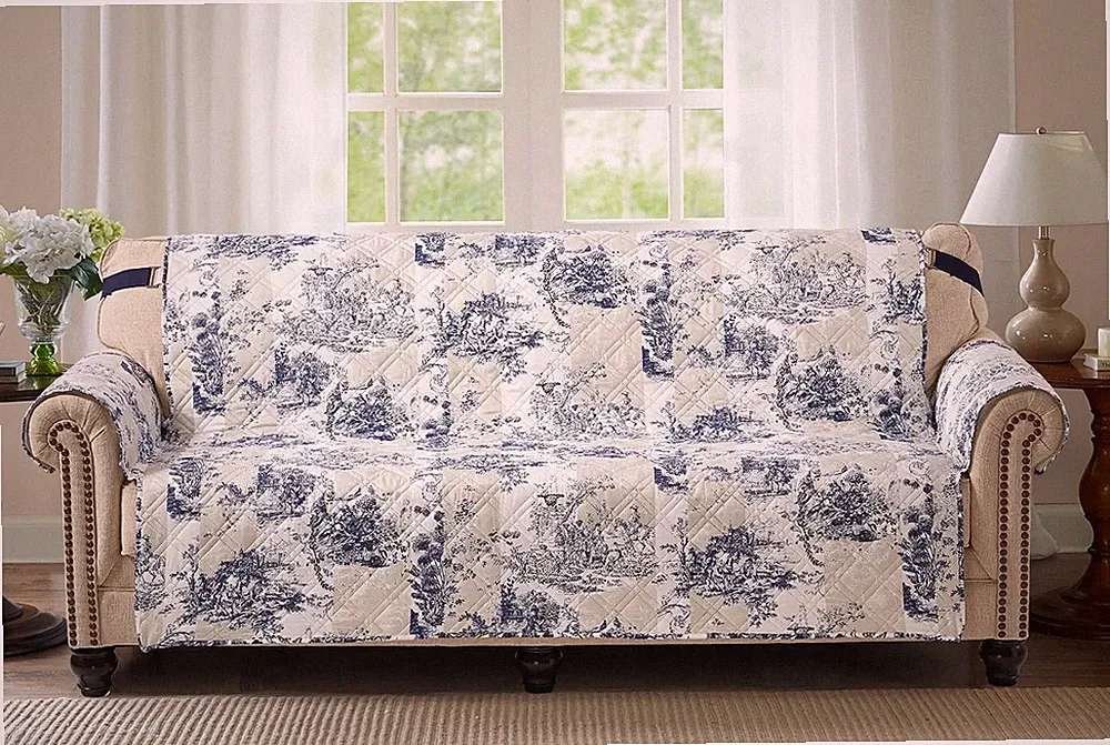 Blue Toile Couch Cover, Quilted Oversized Loveseat Slipcover, 54" Seat Width,...