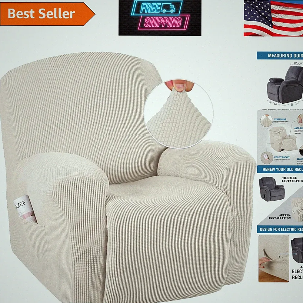 Elegant Ivory Recliner Cover - High Stretch Jacquard, Full Protection Slipcover