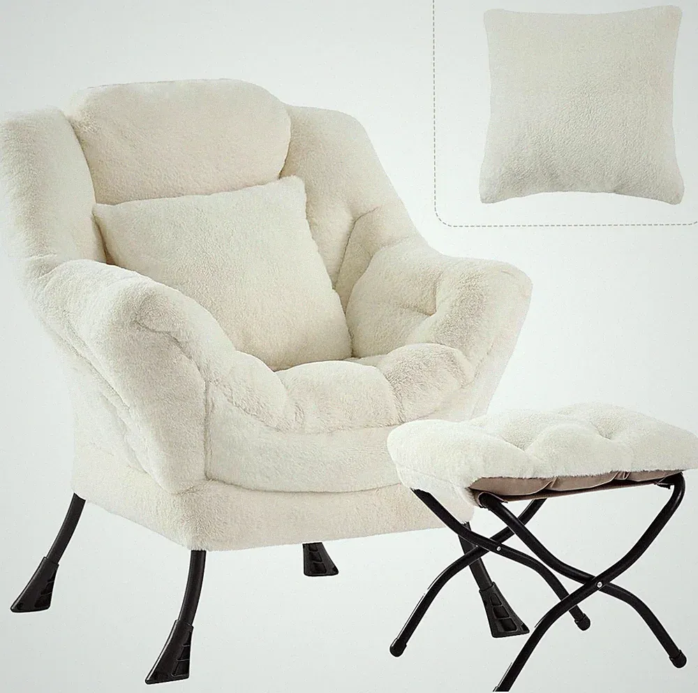 Ivory Lazy Chair with Ottoman & FA Pillow - Comfy Lounge Accent Chair