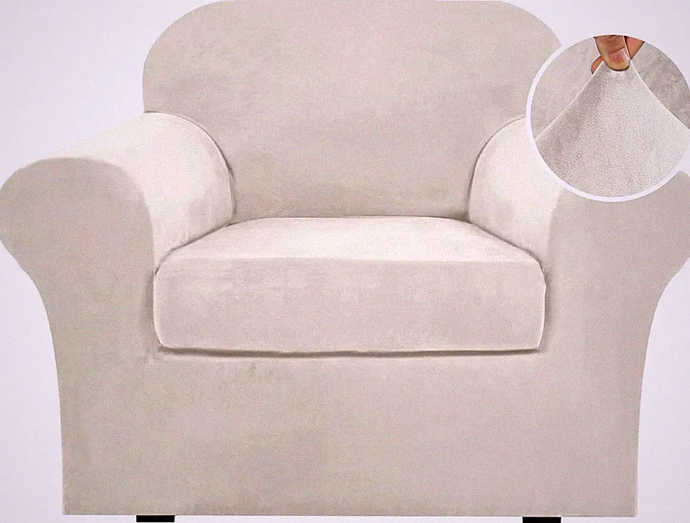 Ivory Velvet Stretch Chair Cover with Arms, Fits Chairs up to 49" Wide