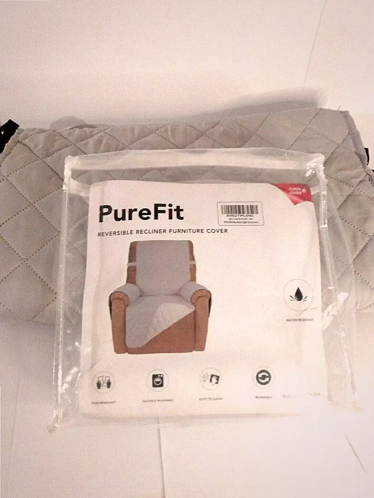 PureFit Reversible Quilted Recliner Cover Water Resistant Light Gray/Ivory NWOT