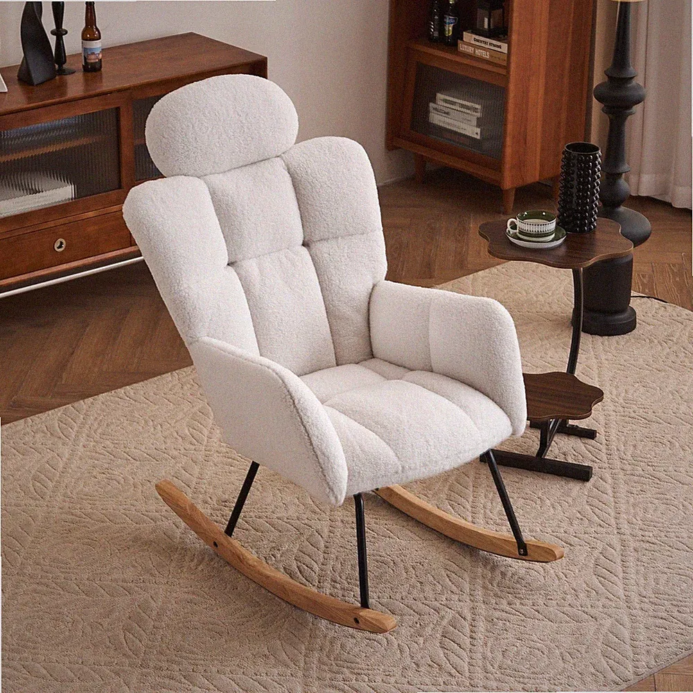 Rocker Chair Teddy Upholstered Rocking Glider Chair w/ High Backrest & Pillow