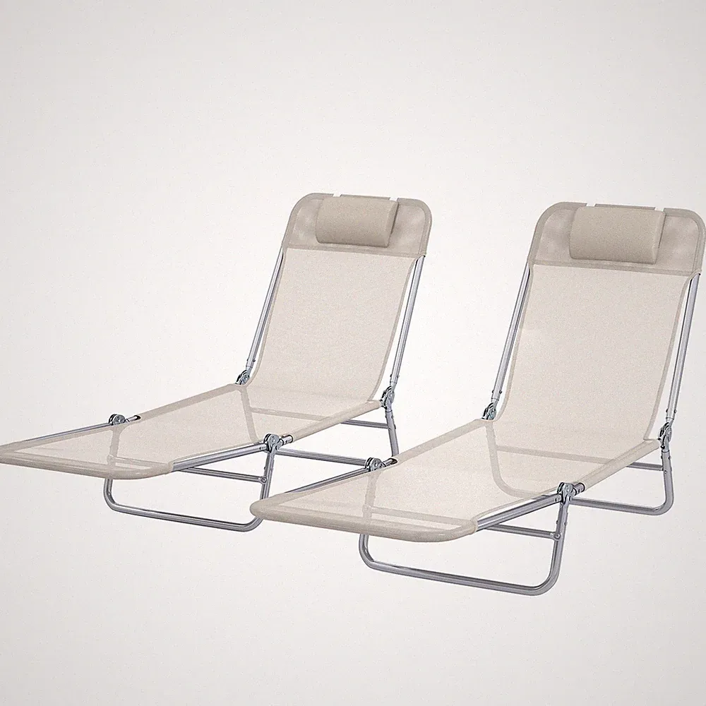 Set of 2 Folding Chaise Lounge Chairs Reclining Mesh Seat Headrest Cream