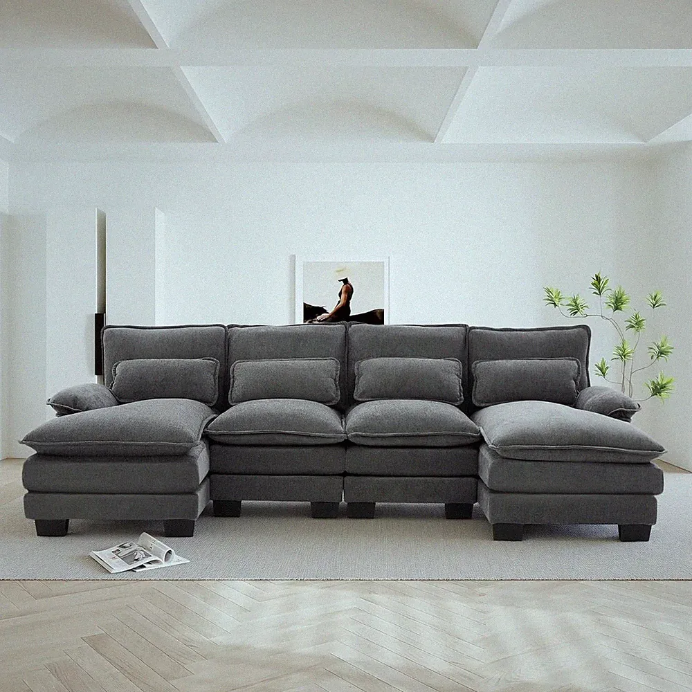 U Shape Sectional Sofa 4 Seat Upholstery Sleeper Sofa with Double Chaise