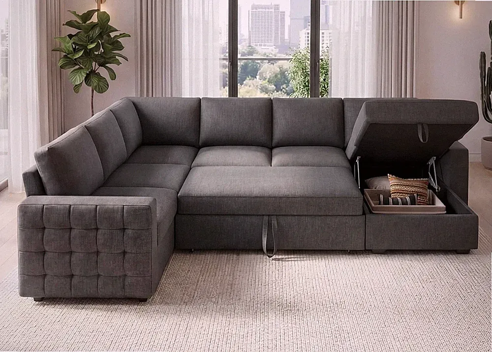 U-Shaped 111" Sectional Sleeper Sofa with Storage - Light Grey 6 Seats